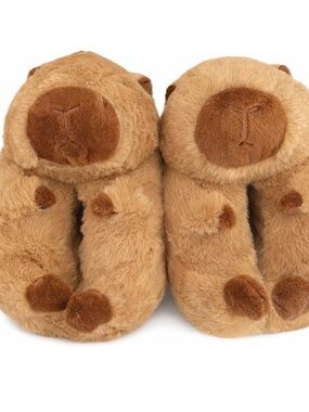 Cute Plush Bear Slippers Tan Faux Fur Cozy House Shoes Women’s Size Large